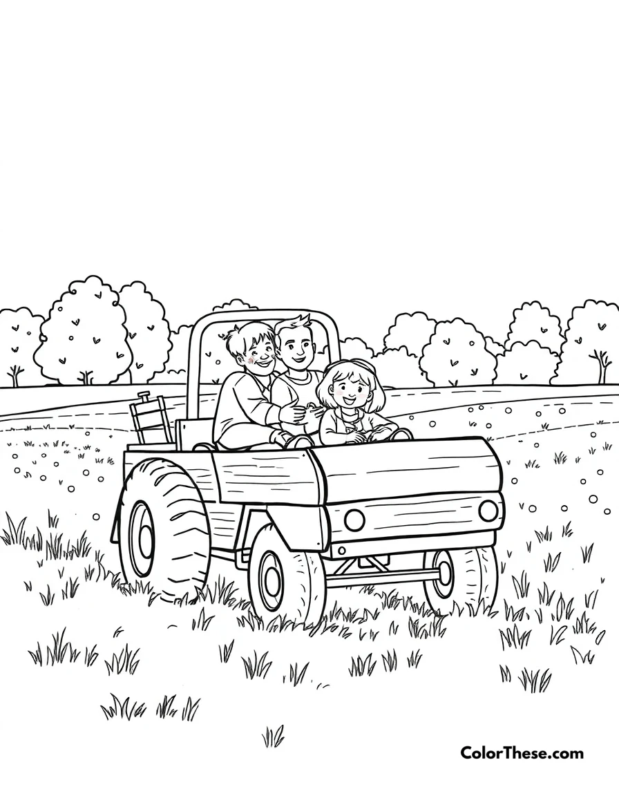 Free printable fall hayride coloring page for kids and adults. A family enjoying a hayride through a fall field.