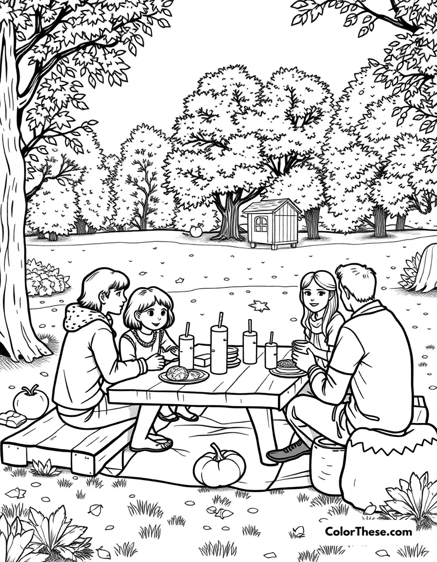 Free printable fall picnic coloring page for kids and adults. A family enjoying a picnic in a fall park.