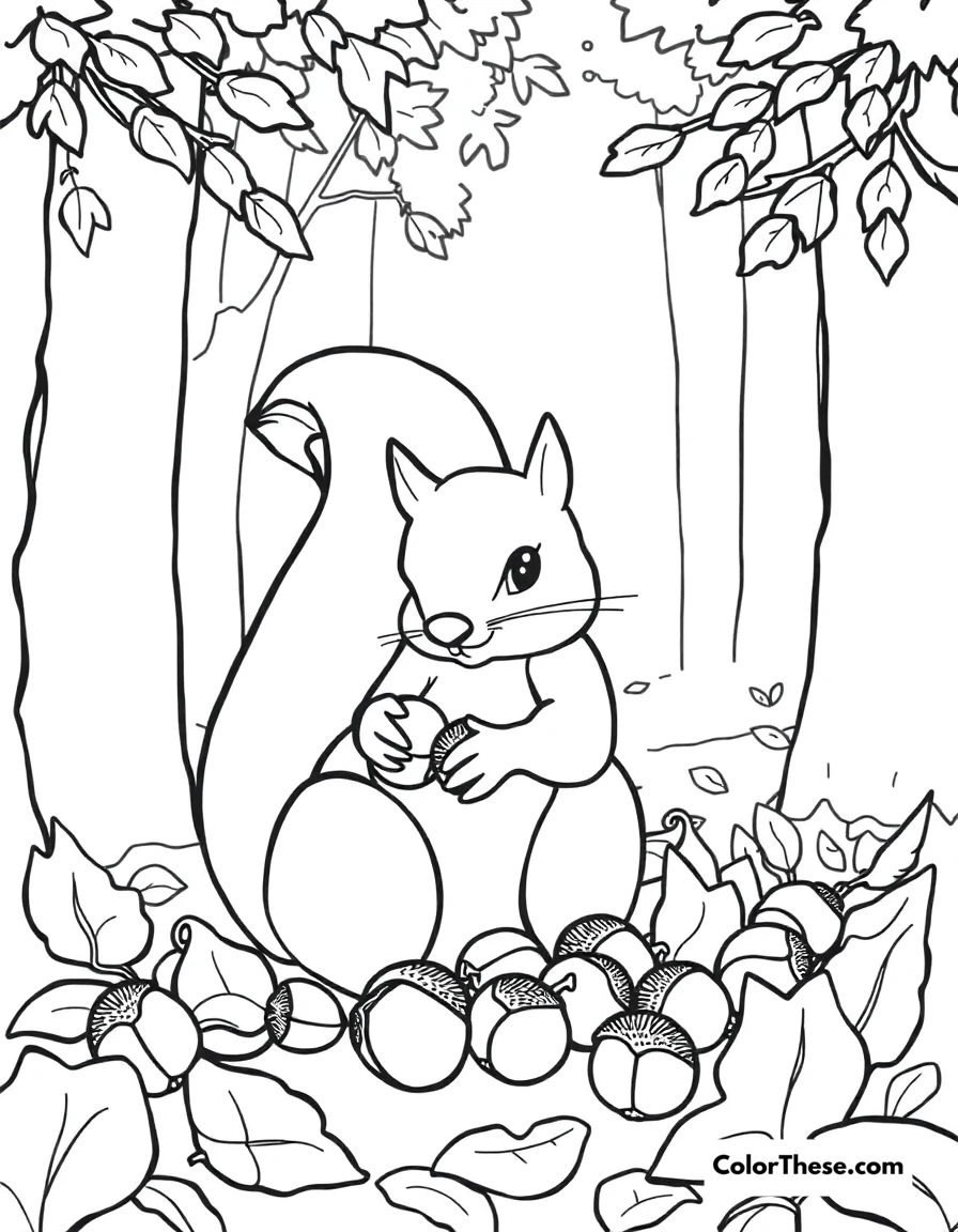 Free printable fall squirrel gathering coloring page for kids and adults. A squirrel gathering acorns in a fall forest.
