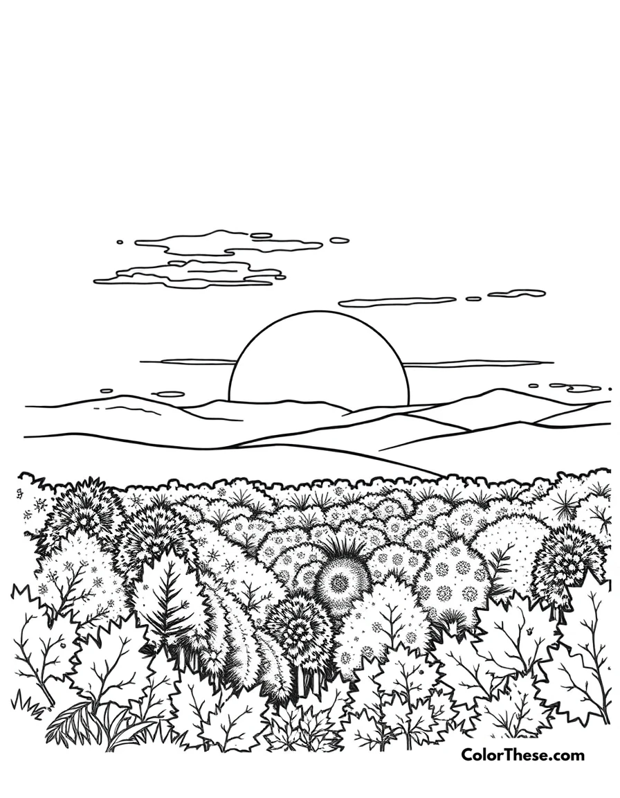 Free printable fall sunset coloring page for kids and adults. A stunning sunset over a fall landscape.