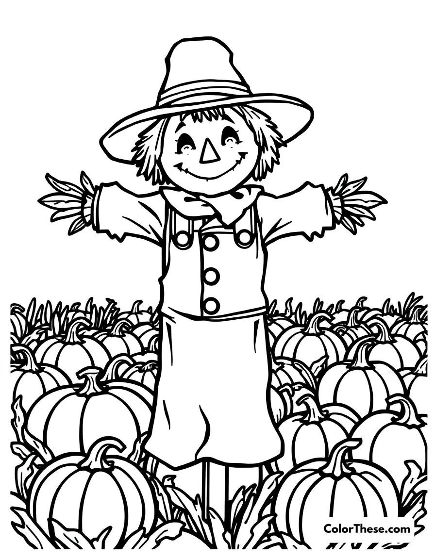 Free printable harvest scarecrow coloring page for kids and adults. A cheerful scarecrow standing in a field of pumpkins.