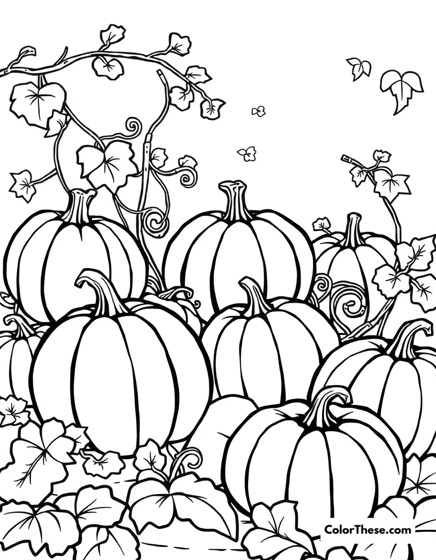 Free printable pumpkin patch fun coloring page for kids and adults. A cheerful pumpkin patch with ripe pumpkins and vines.
