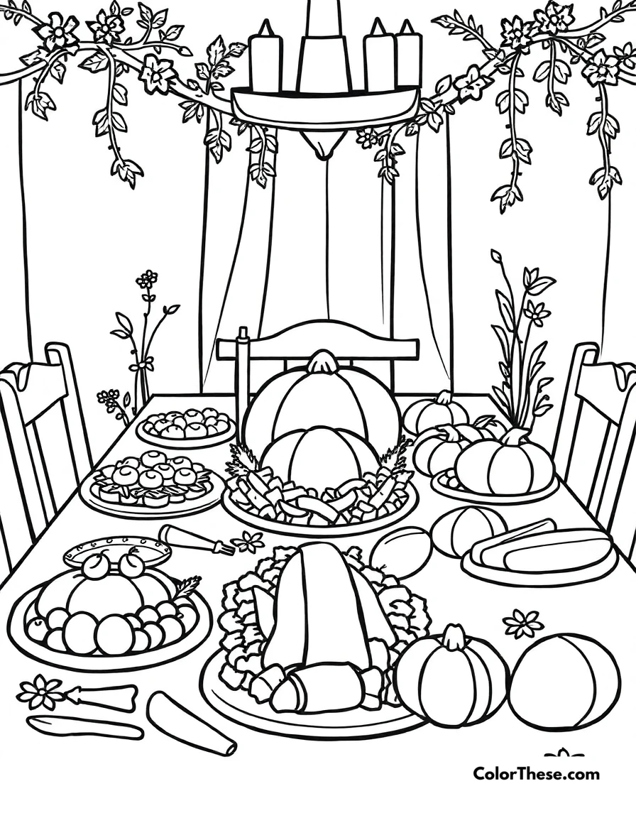 Free printable thanksgiving feast coloring page for kids and adults. A table filled with a delicious Thanksgiving meal.