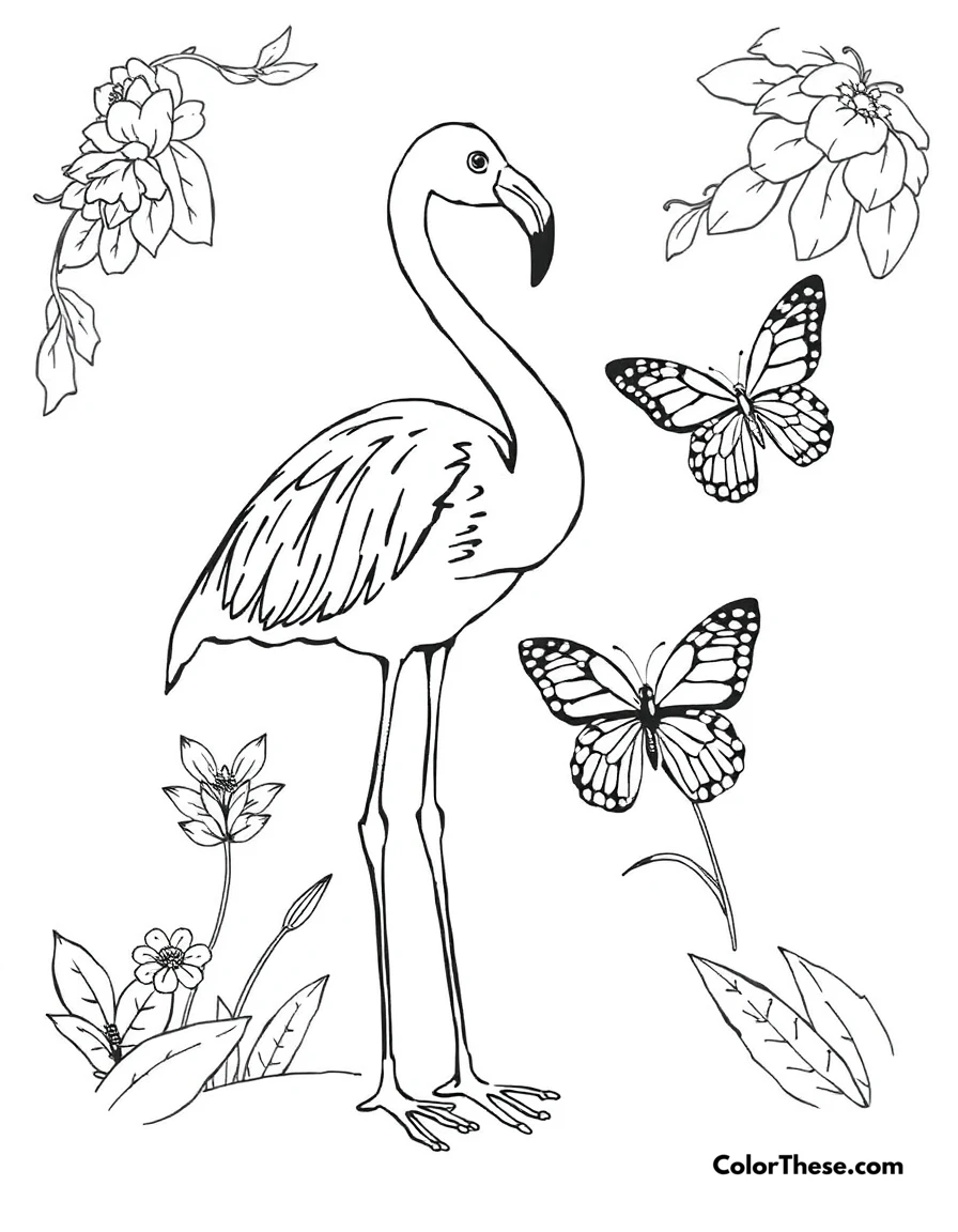 Free printable flamingo with a butterfly coloring page for kids and adults. A flamingo standing near a colorful butterfly.