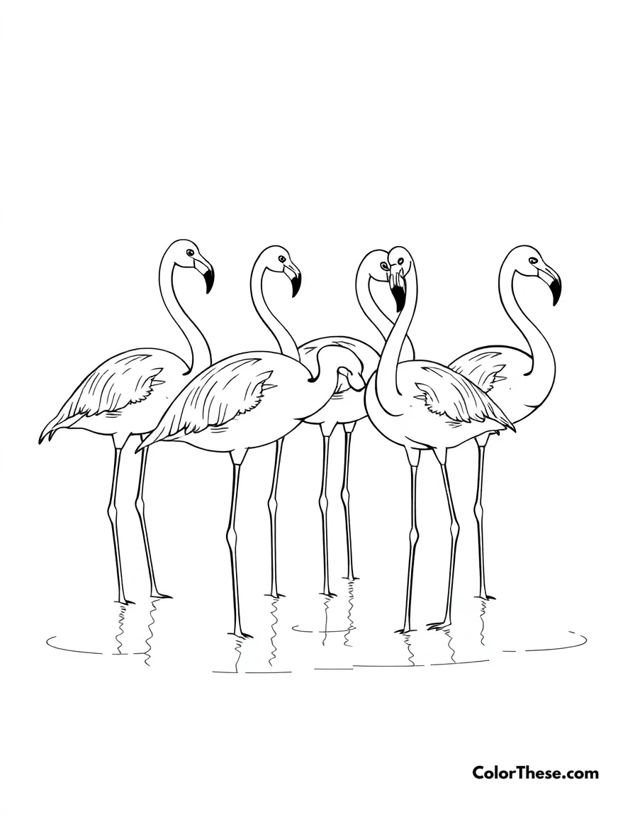Free printable flamingo family in the water coloring page for kids and adults. A group of flamingos standing together in shallow water.