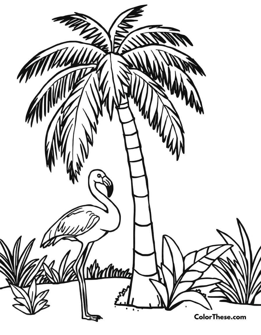Free printable flamingo with a palm tree coloring page for kids and adults. A flamingo standing near a tall palm tree.