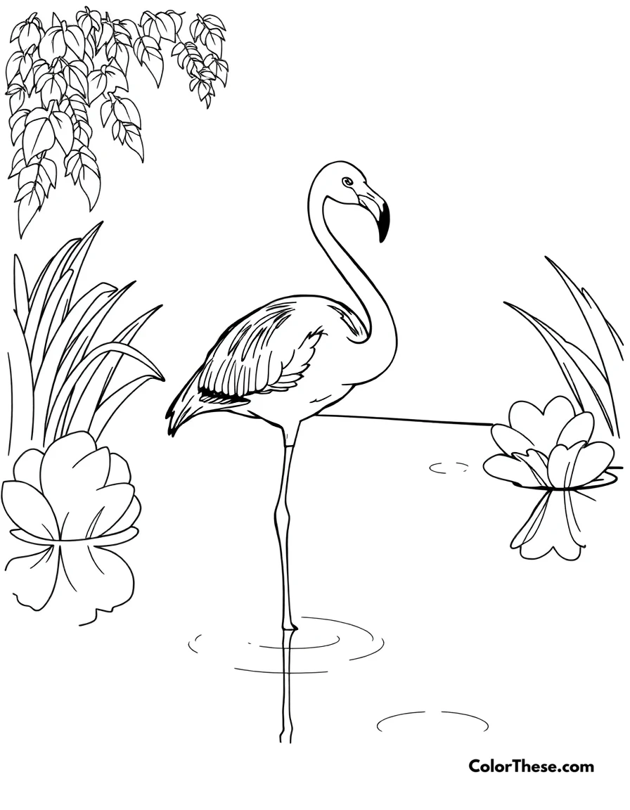 Free printable flamingo in a pond coloring page for kids and adults. A flamingo standing in a serene pond.