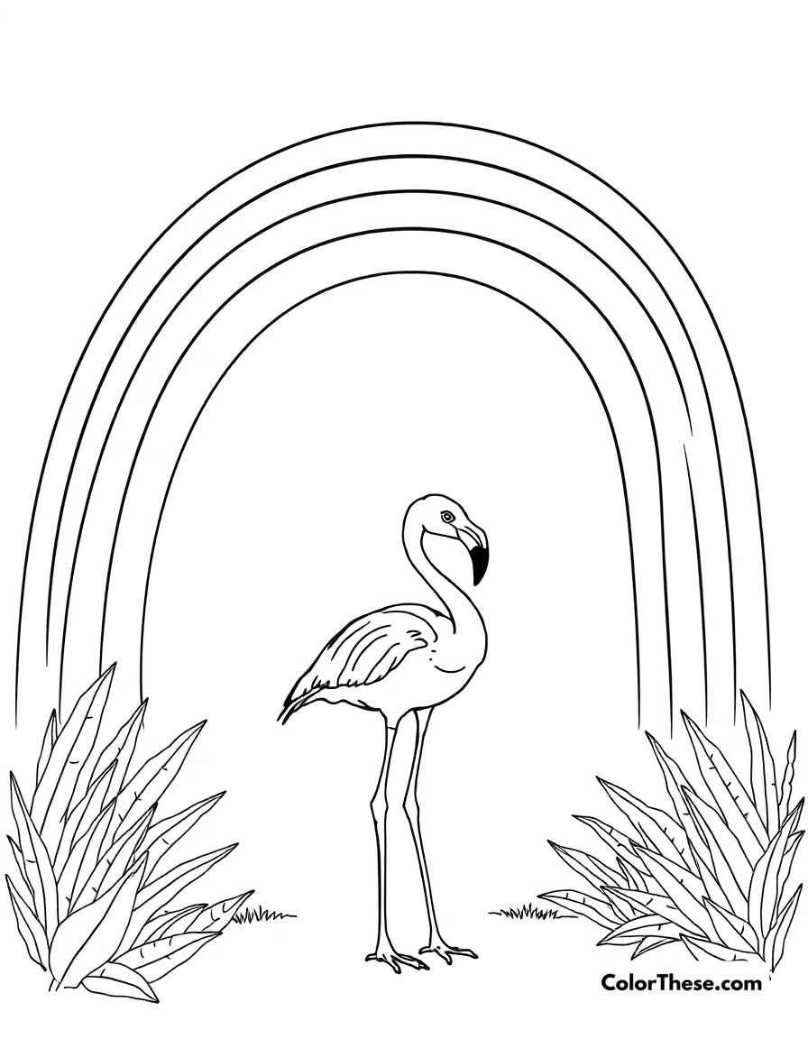 Free printable flamingo with a rainbow coloring page for kids and adults. A flamingo standing under a vibrant rainbow.
