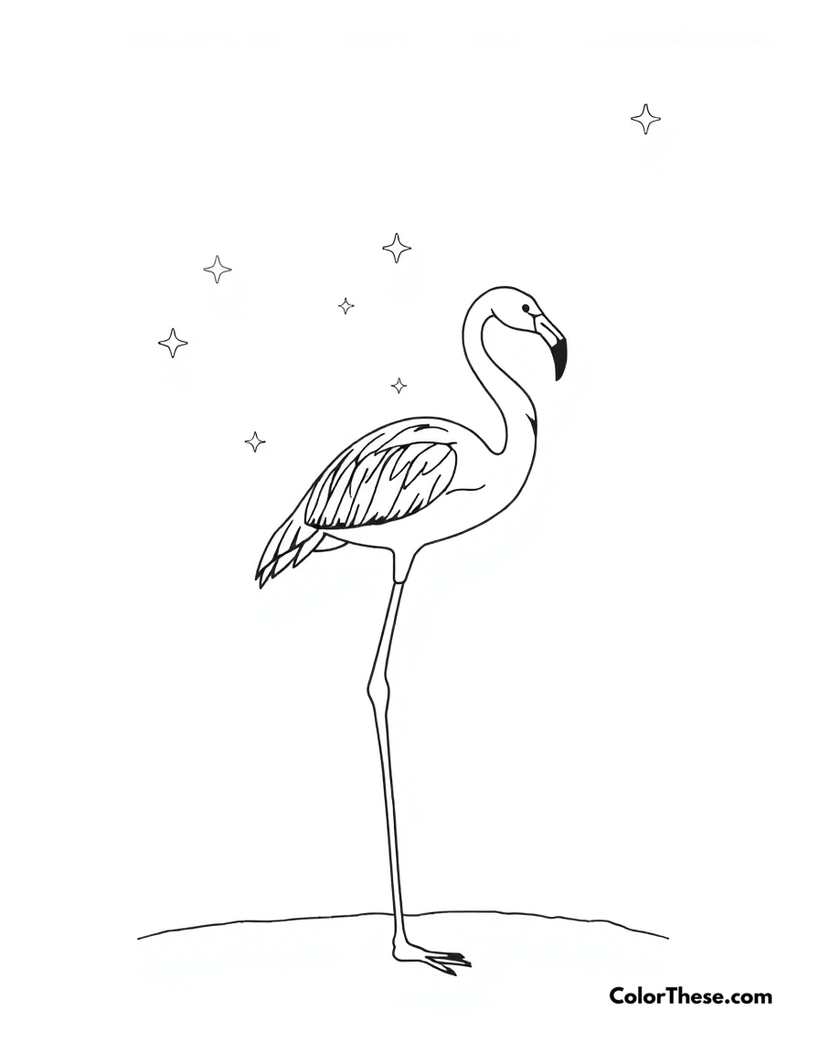 Free printable flamingo with a starry sky coloring page for kids and adults. A flamingo standing under a starry night sky.