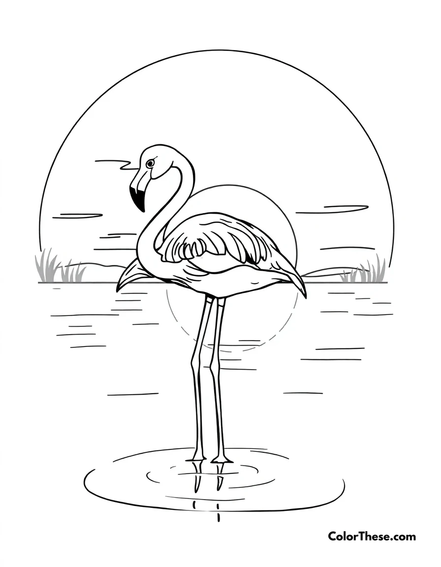 Free printable flamingo with a sunset reflection coloring page for kids and adults. A flamingo standing in water with a sunset reflection.
