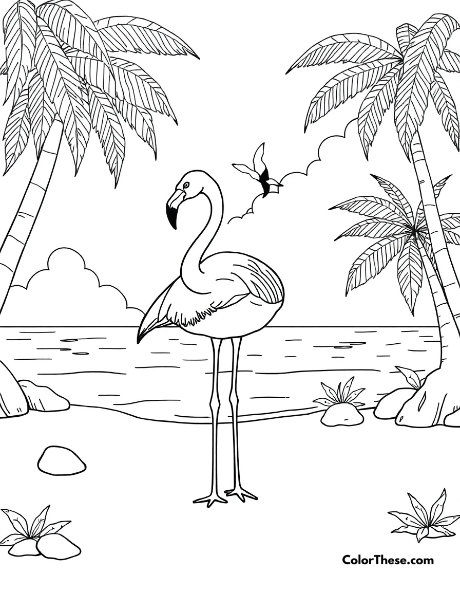 Free printable flamingo with a tropical beach coloring page for kids and adults. A flamingo standing on a sandy tropical beach.