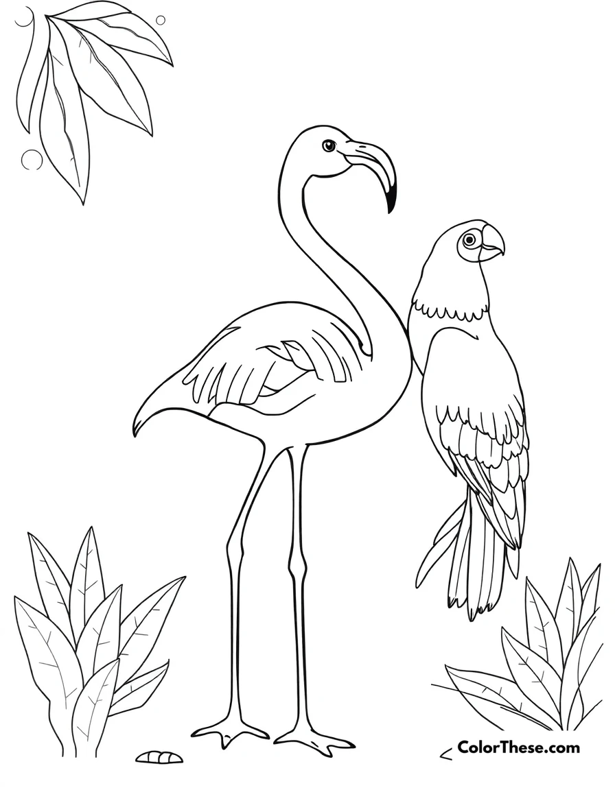 Free printable flamingo with a tropical bird coloring page for kids and adults. A flamingo standing near a colorful tropical bird.