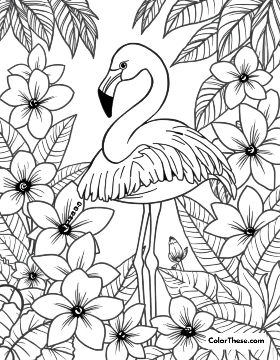 Free printable flamingo with tropical flowers coloring page for kids and adults. A flamingo surrounded by vibrant tropical flowers.