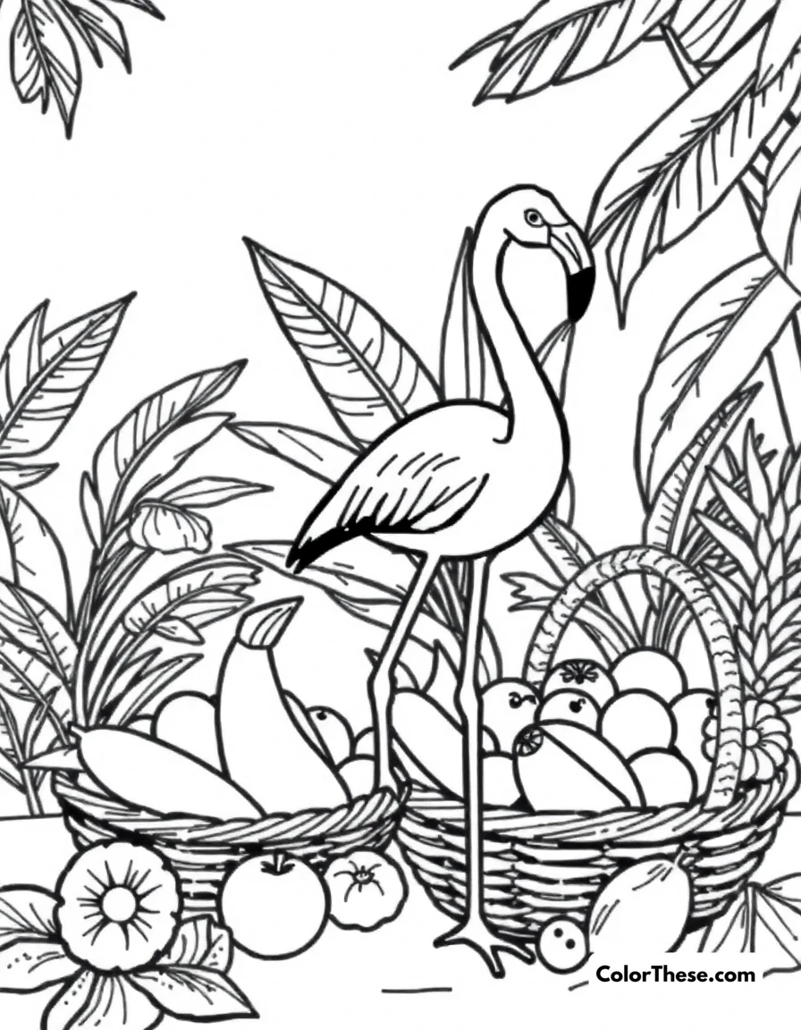Free printable flamingo with a tropical fruit coloring page for kids and adults. A flamingo standing near a basket of tropical fruits.