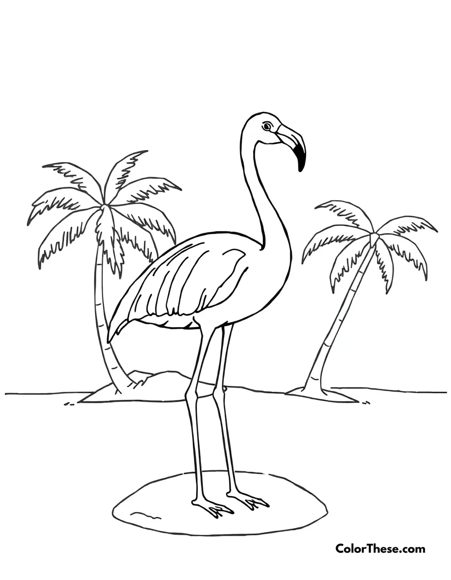 Free printable flamingo with a tropical island coloring page for kids and adults. A flamingo standing on a tropical island with palm trees.