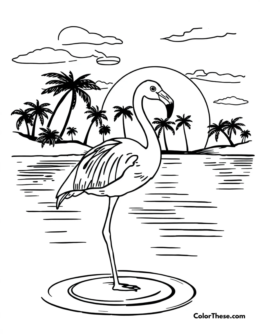 Free printable flamingo in a tropical sunset coloring page for kids and adults. A flamingo standing in water with a tropical sunset in the background.