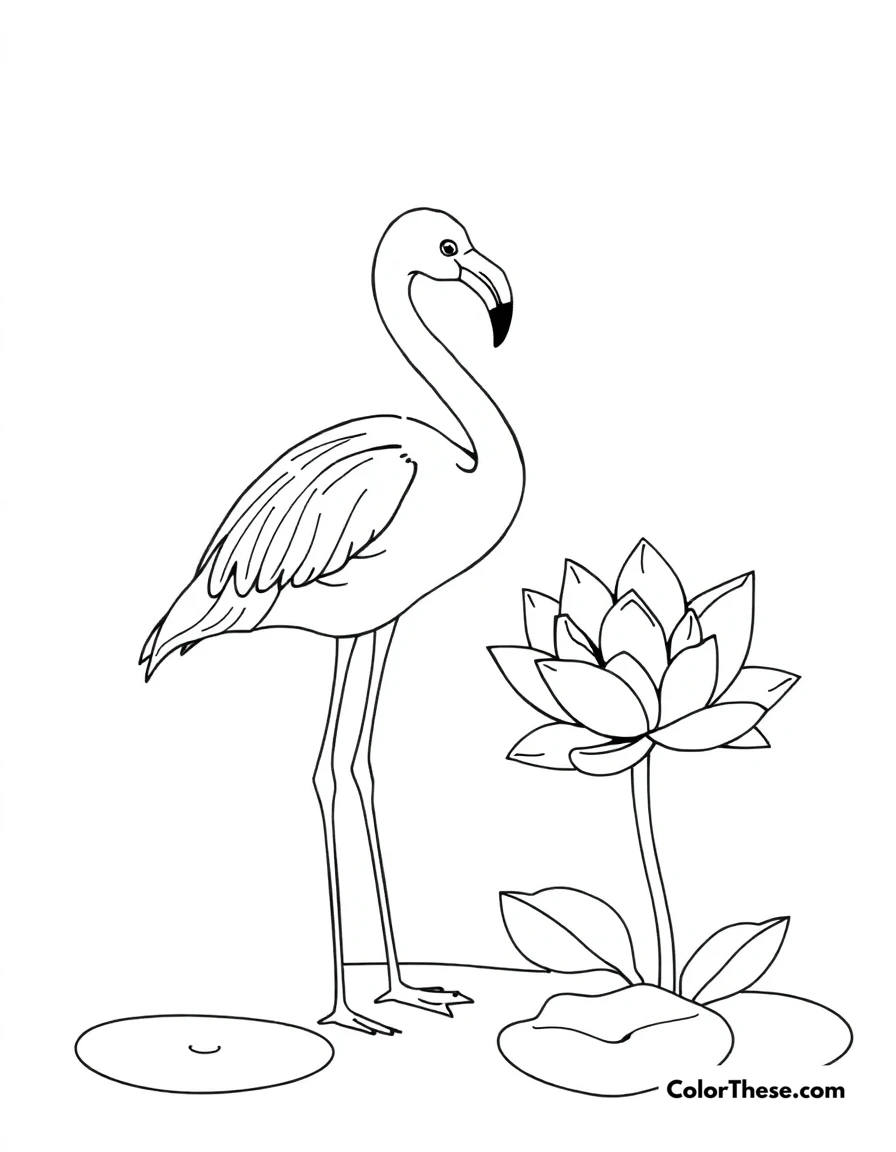 Free printable flamingo with a water lily coloring page for kids and adults. A flamingo standing near a blooming water lily.