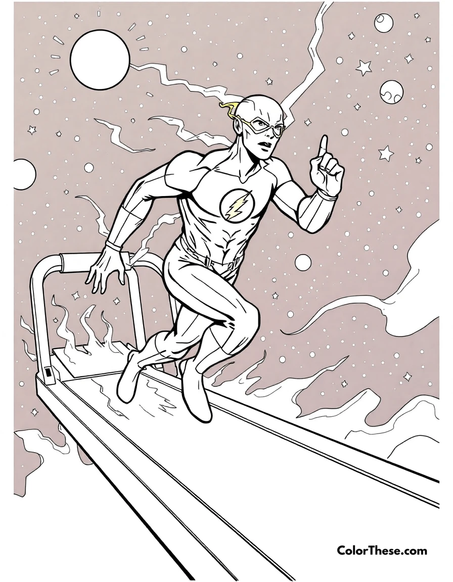 Free printable flash (dc comics) and the cosmic treadmill coloring page for kids and adults. The Flash (DC Comics) running on the Cosmic Treadmill.