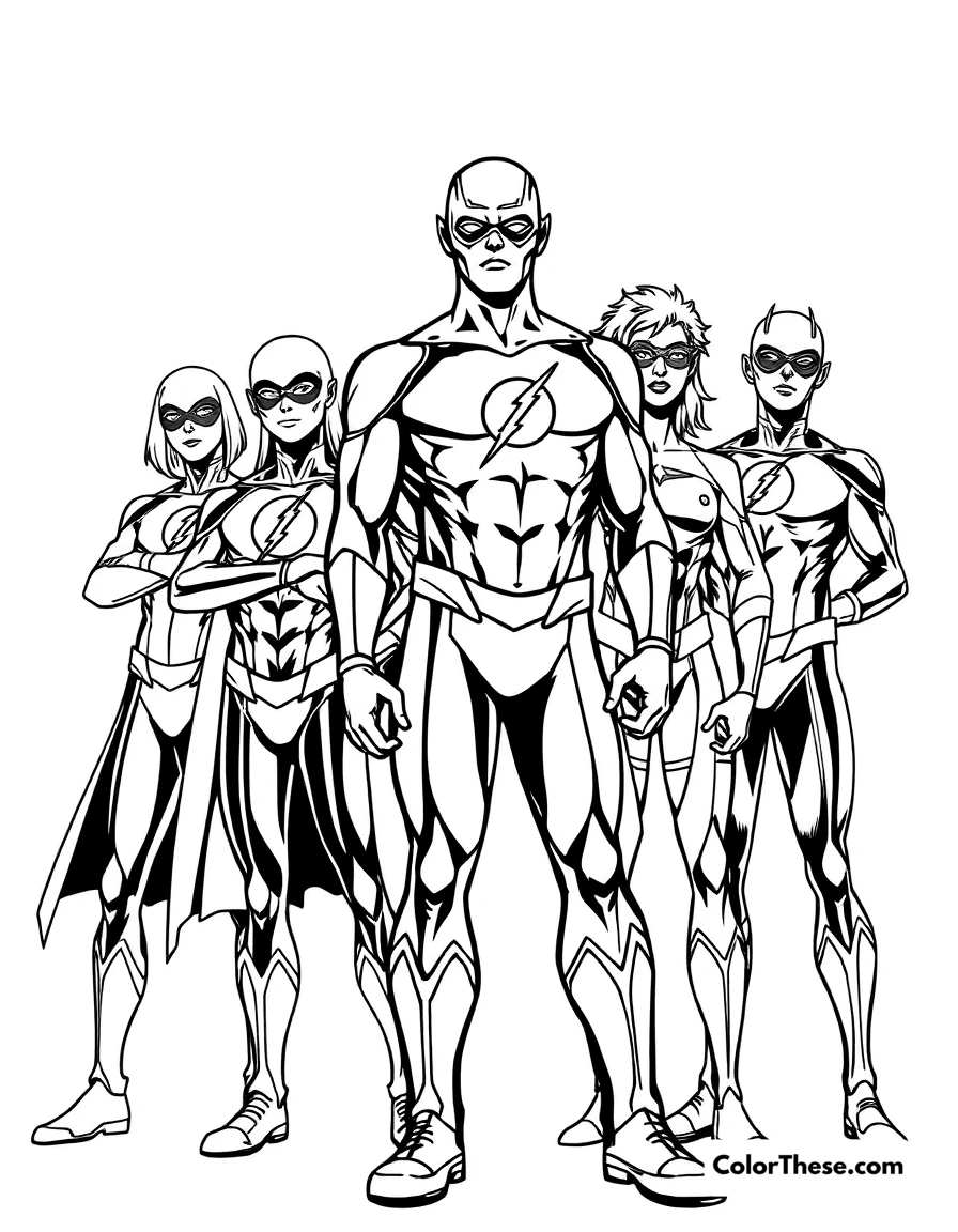 Free printable flash (dc comics) and the flash family coloring page for kids and adults. The Flash (DC Comics) standing with the Flash Family.