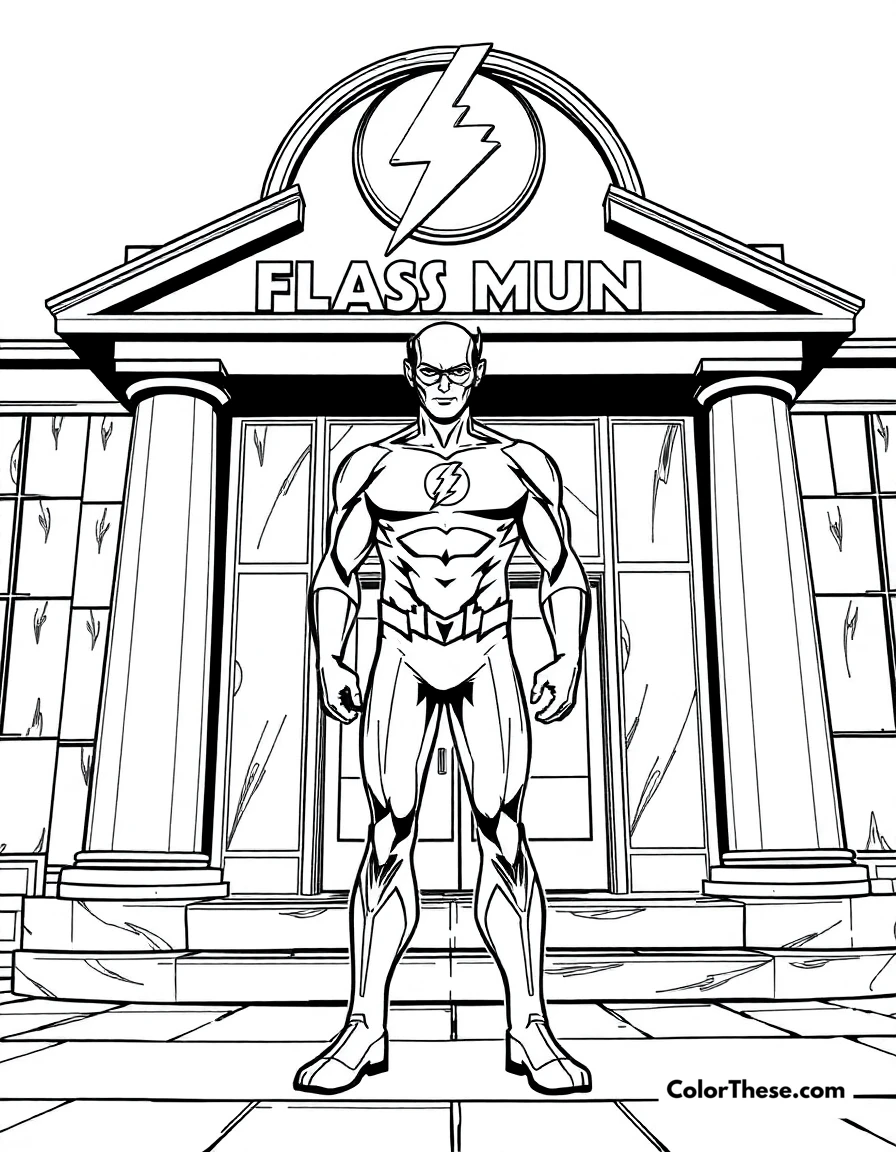 Free printable flash (dc comics) and the flash museum coloring page for kids and adults. The Flash (DC Comics) standing in front of the Flash Museum.