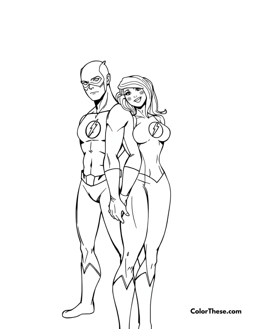 Free printable flash (dc comics) and iris west coloring page for kids and adults. The Flash (DC Comics) standing with his love, Iris West.