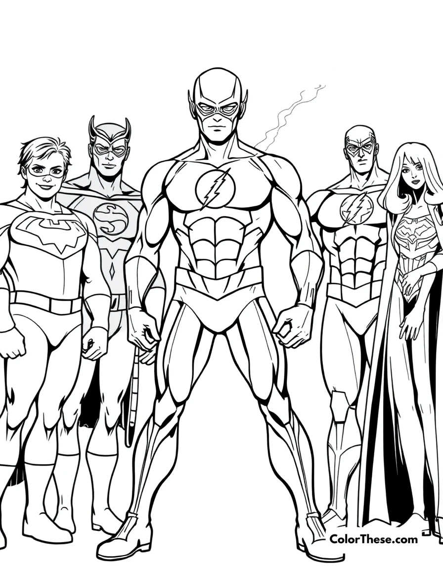 Free printable flash (dc comics) and the justice league coloring page for kids and adults. The Flash (DC Comics) standing with the Justice League.