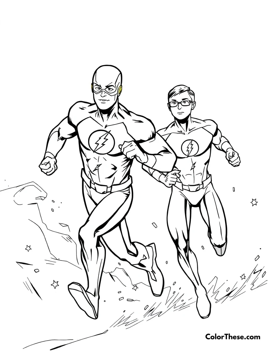 Free printable flash (dc comics) and kid flash coloring page for kids and adults. The Flash (DC Comics) running alongside Kid Flash.