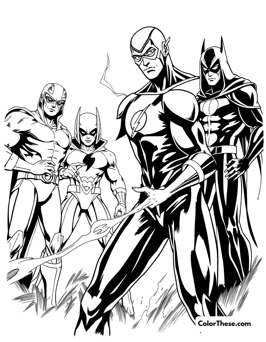 Free printable flash (dc comics) and the rogues coloring page for kids and adults. The Flash (DC Comics) facing off against his team of villains, the Rogues.
