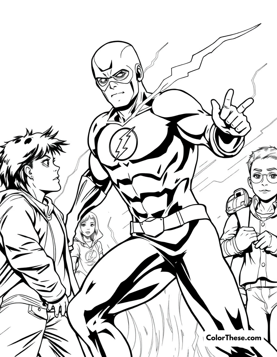 Free printable flash (dc comics) saving civilians coloring page for kids and adults. The Flash (DC Comics) rescuing civilians from danger.