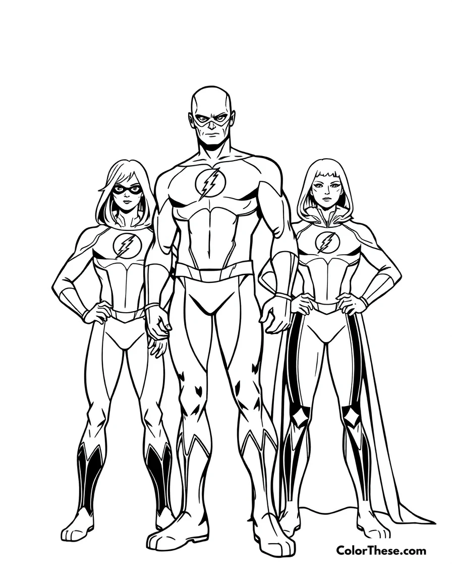 Free printable flash (dc comics) and the tornado twins coloring page for kids and adults. The Flash (DC Comics) standing with the Tornado Twins.