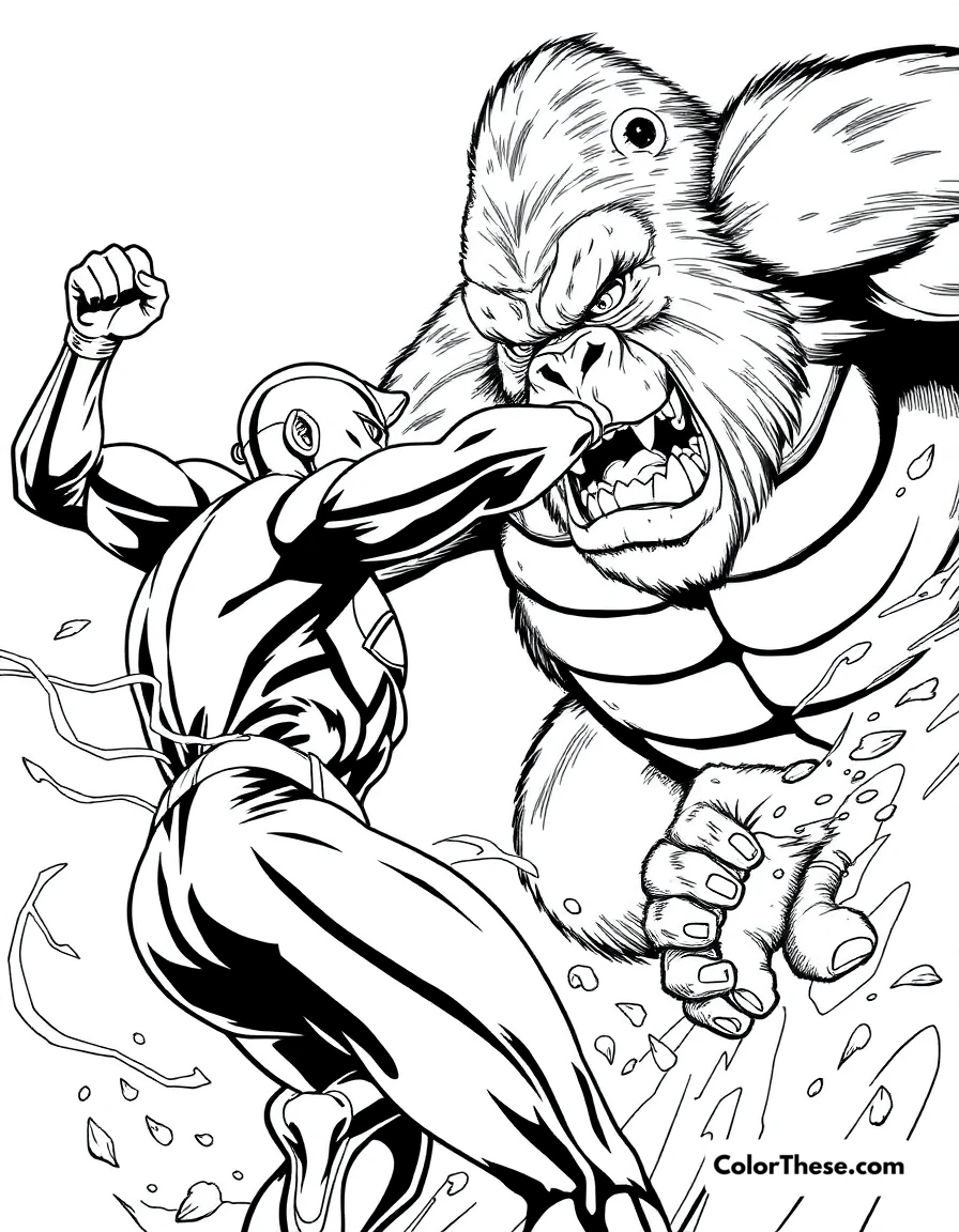 Free printable flash (dc comics) vs. gorilla grodd coloring page for kids and adults. The Flash (DC Comics) battling the super-intelligent Gorilla Grodd.