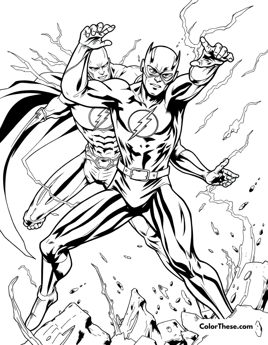 Free printable flash (dc comics) vs. reverse flash coloring page for kids and adults. The Flash (DC Comics) battling his arch-nemesis, Reverse Flash.
