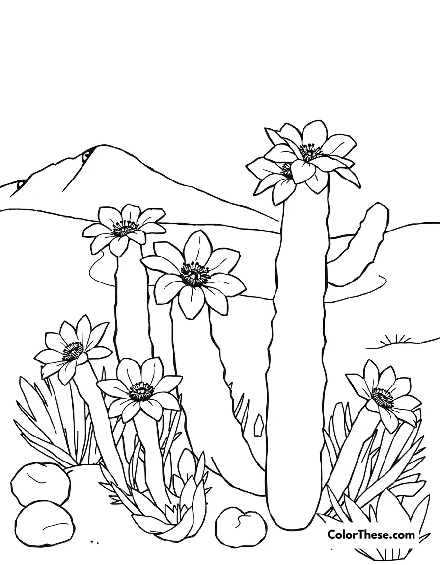 Free printable cactus flower desert coloring page for kids and adults. A desert scene with blooming cactus flowers.