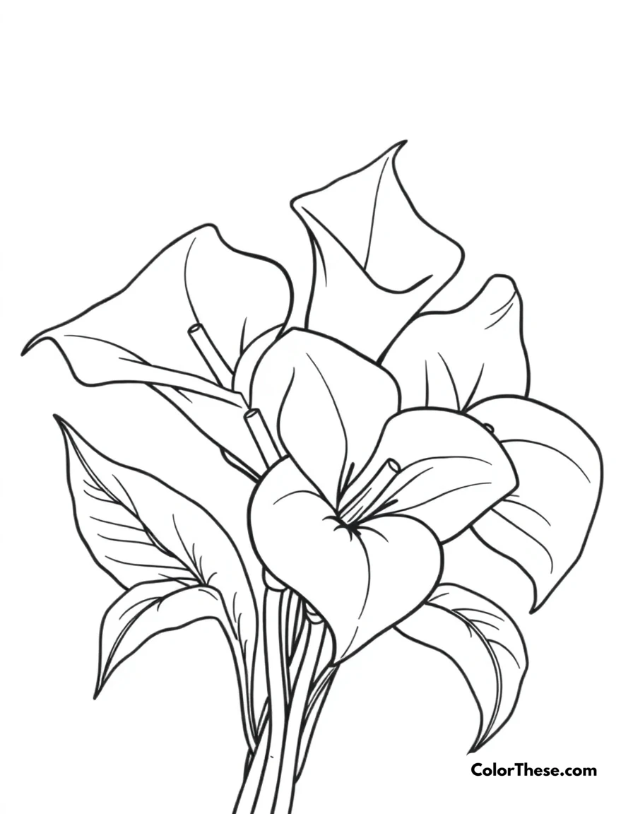Free printable calla lily bouquet coloring page for kids and adults. A bouquet of elegant calla lilies.