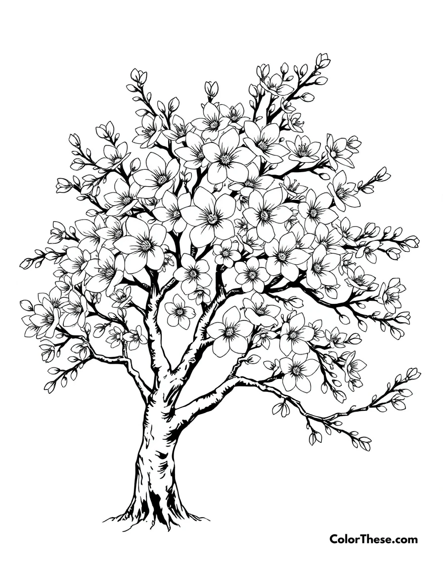 Free printable cherry blossom tree coloring page for kids and adults. A cherry blossom tree in full bloom.