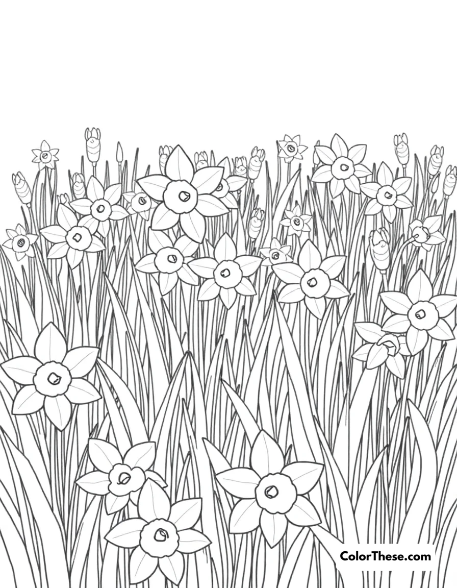 Free printable daffodil meadow coloring page for kids and adults. A meadow filled with blooming daffodils.