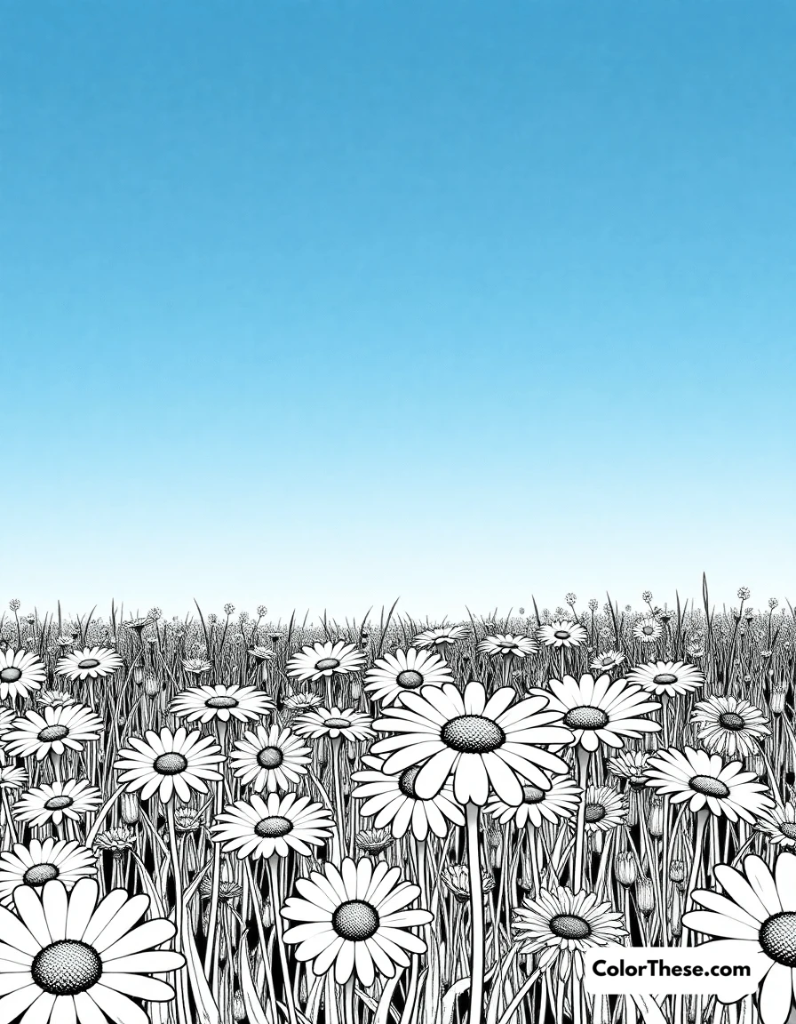 Free printable daisy field coloring page for kids and adults. A field of daisies under a bright blue sky.