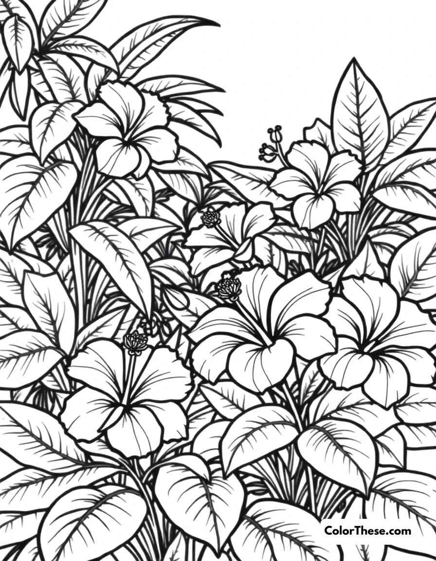 Free printable hibiscus tropical paradise coloring page for kids and adults. A tropical paradise with blooming hibiscus flowers.