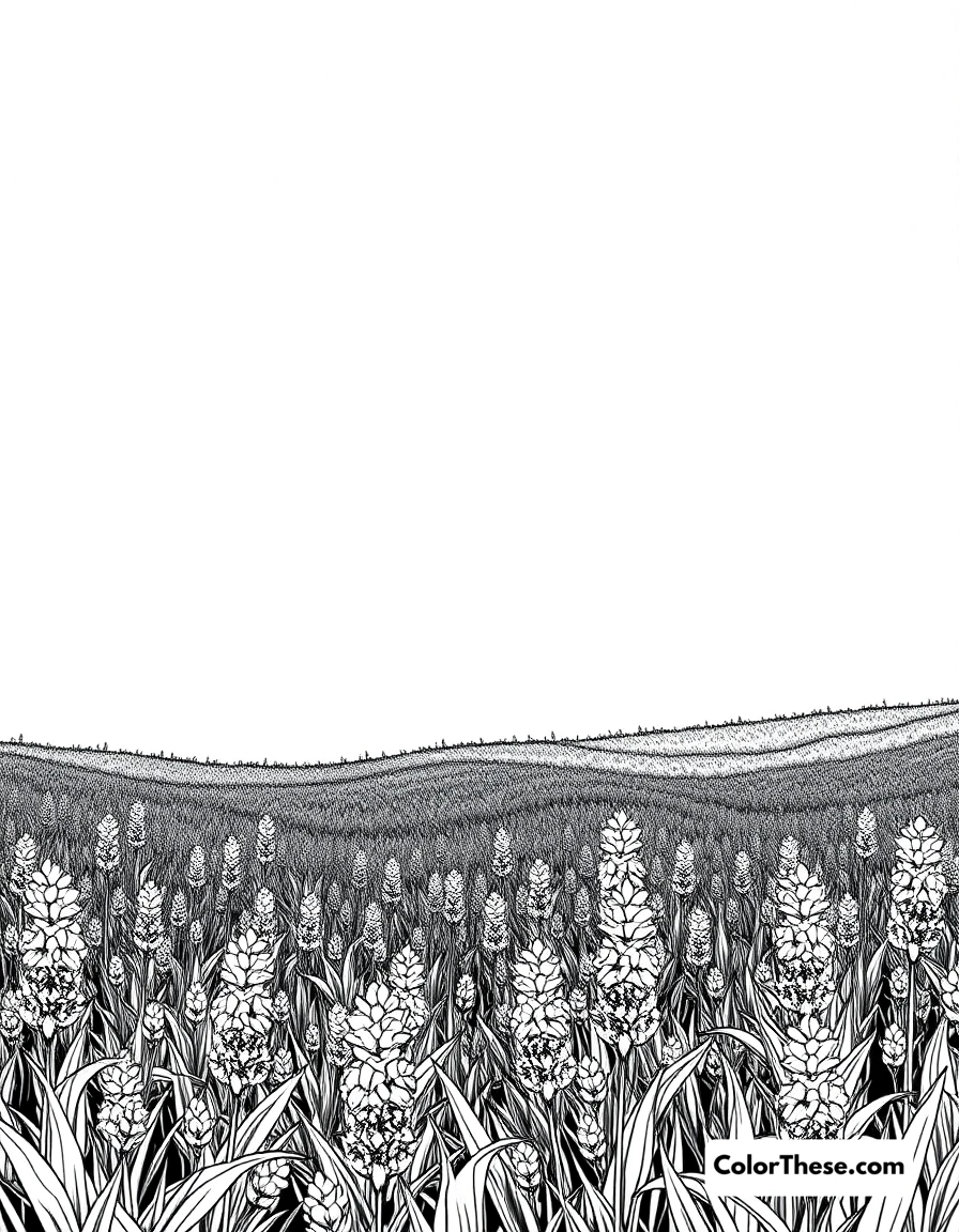 Free printable lavender field coloring page for kids and adults. A field of lavender under a clear blue sky.