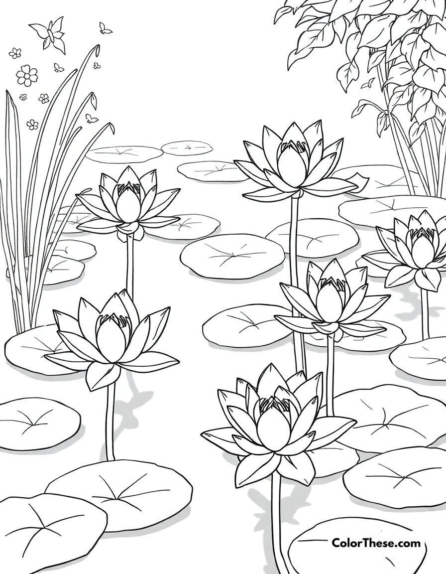 Free printable lily pond coloring page for kids and adults. A serene pond with blooming water lilies.