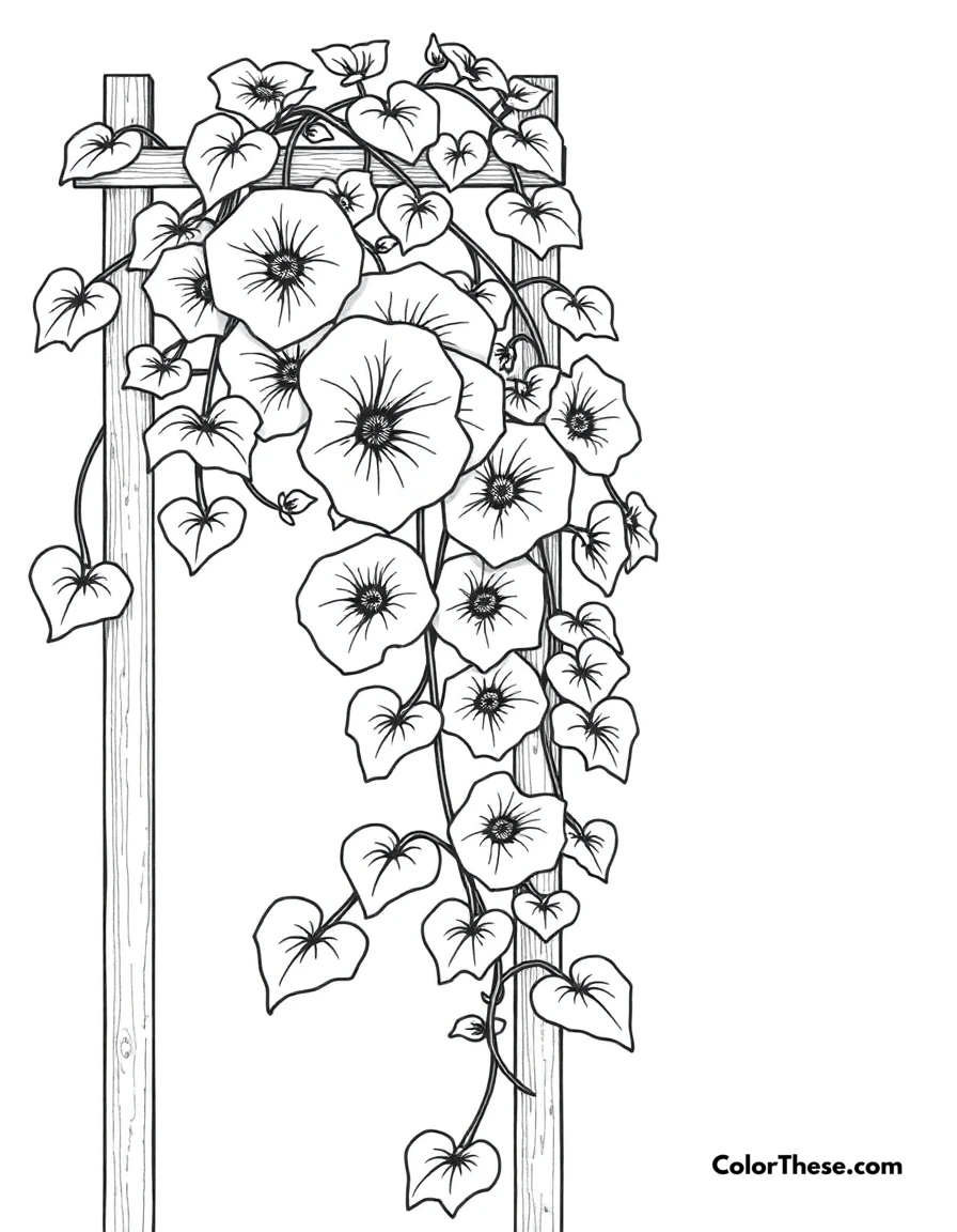 Free printable morning glory vine coloring page for kids and adults. A vine of morning glories climbing a trellis.