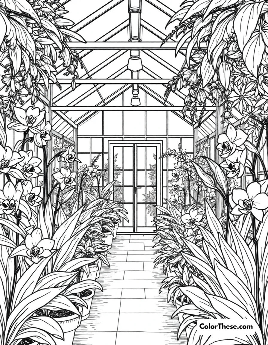Free printable orchid greenhouse coloring page for kids and adults. A greenhouse filled with exotic orchids.