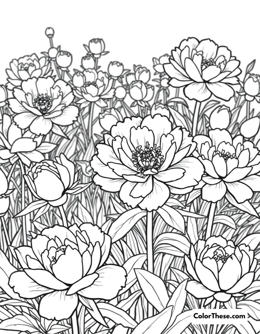 Free printable peony garden coloring page for kids and adults. A garden filled with blooming peonies.