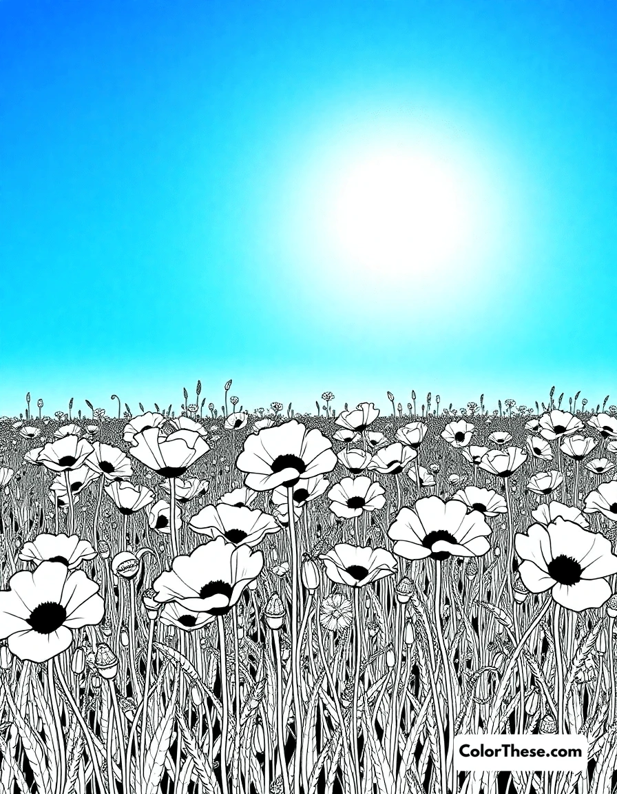Free printable poppy field coloring page for kids and adults. A field of poppies under a bright blue sky.