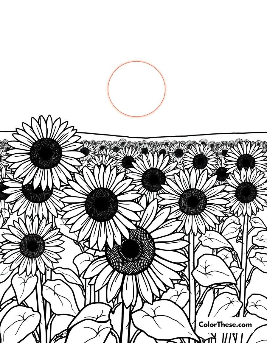 Free printable sunflower field at sunset coloring page for kids and adults. A field of sunflowers glowing under a warm sunset.