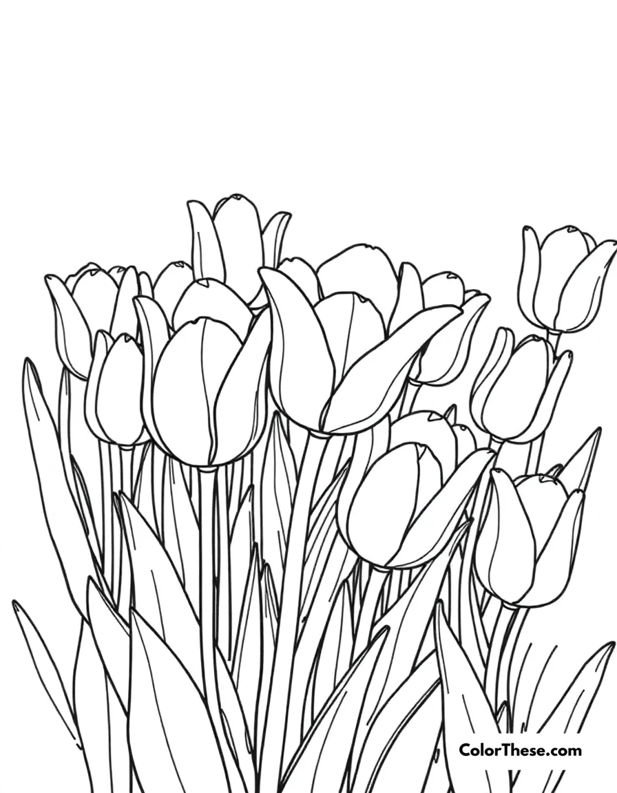 Free printable tulip garden in spring coloring page for kids and adults. A vibrant garden of tulips blooming in spring.