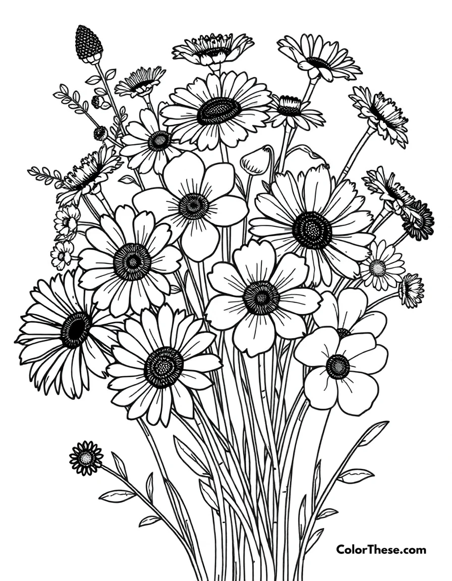 Free printable wildflower bouquet coloring page for kids and adults. A bouquet of colorful wildflowers.