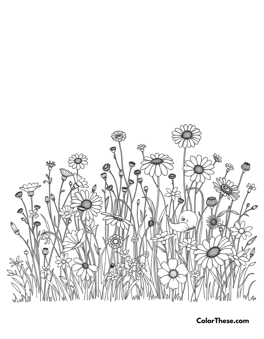 Free printable wildflower meadow coloring page for kids and adults. A meadow filled with colorful wildflowers.