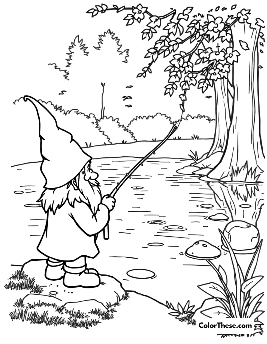 Free printable fishing gnome by the pond coloring page for kids and adults. A gnome fishing by a serene pond.