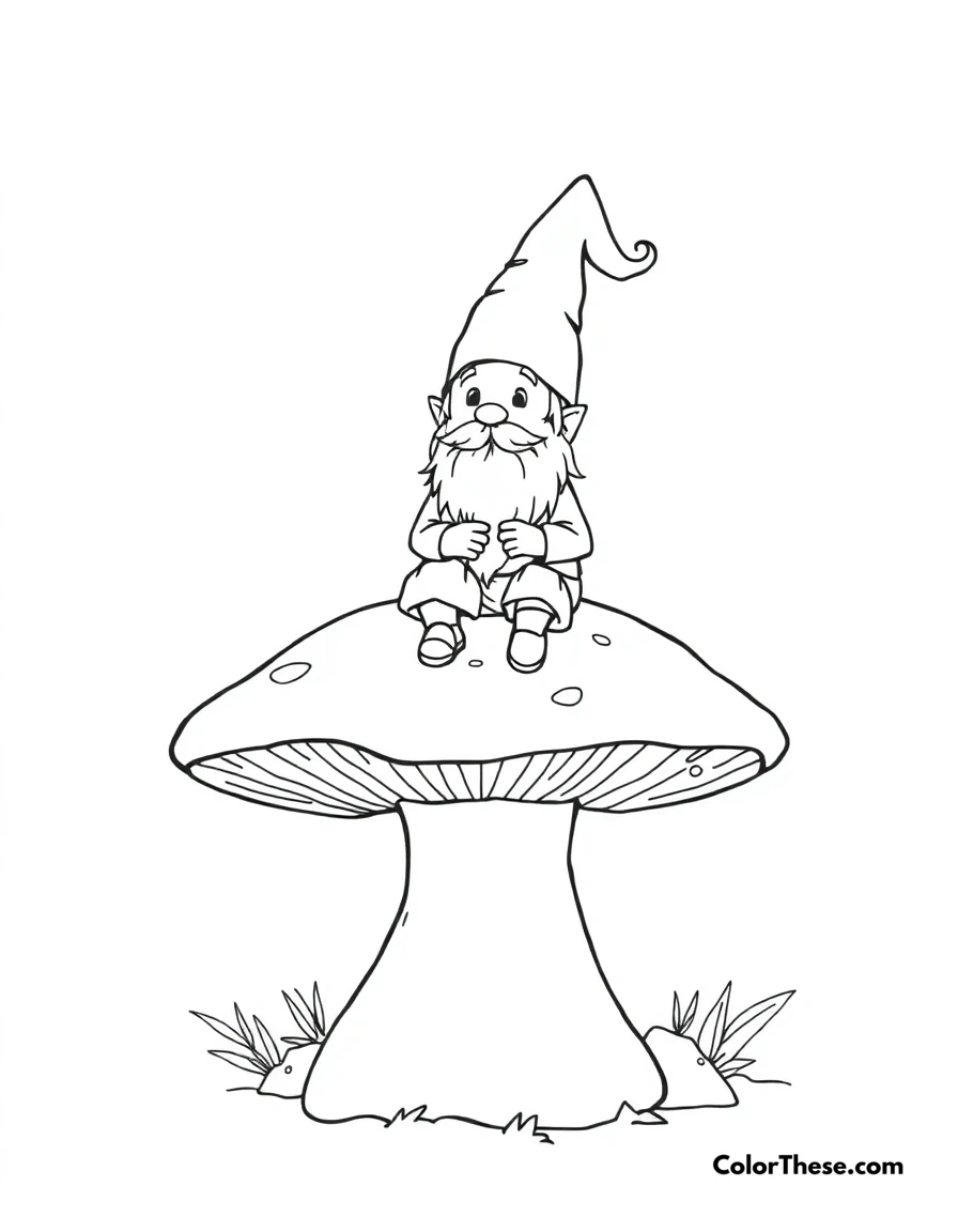Free printable forest gnome with mushrooms coloring page for kids and adults. A magical forest gnome sitting on a giant mushroom.